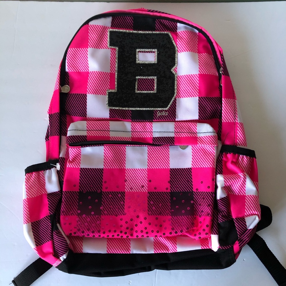 Justice book bag . NWT pink/black. Letter B